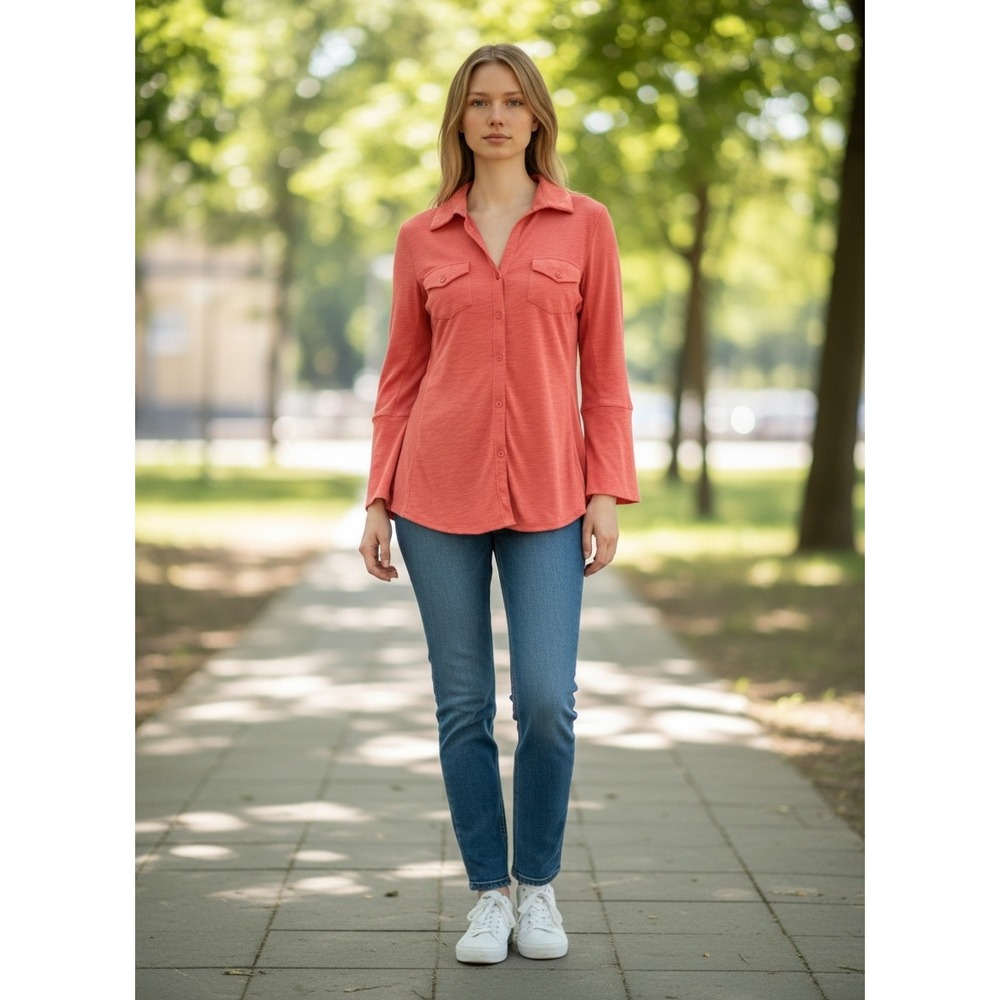 Almost Famous Womens Coral Pink Slub Ribbed 3/4 Sleeve Button Down Feminine Top